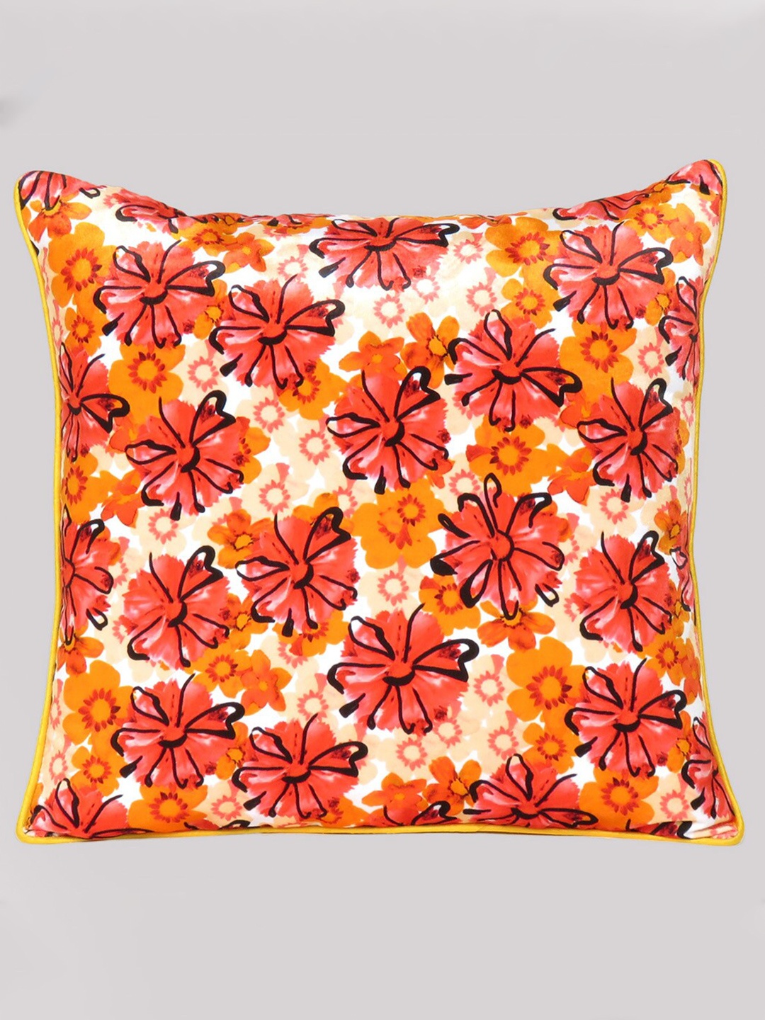 

OUSSUM Yellow & Pink Floral Printed Velvet Square Cushion Cover