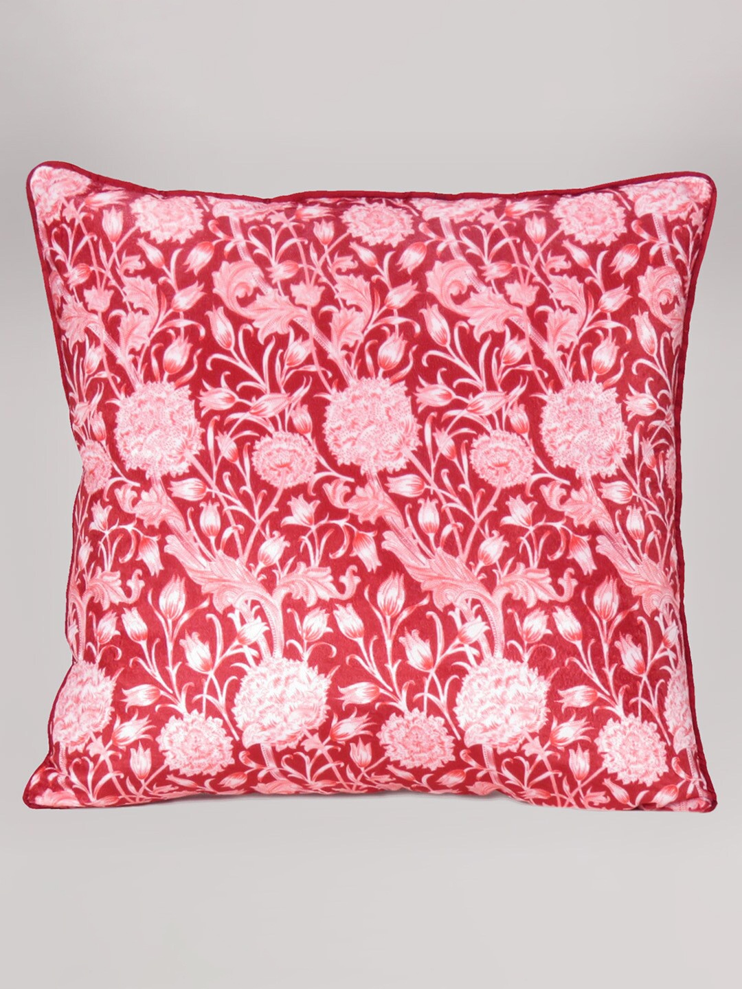 

OUSSUM Red & White Floral Printed Velvet Square Cushion Cover