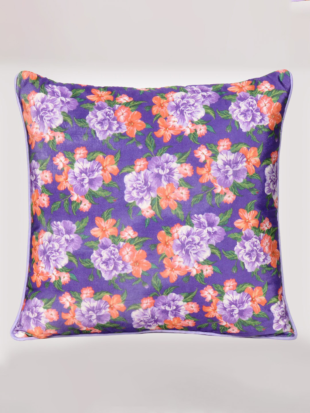

OUSSUM Purple & Green Floral Printed Velvet Square Cushion Cover