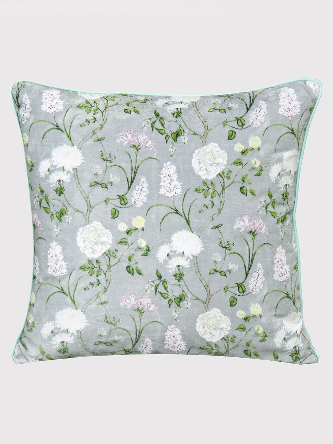 

OUSSUM Grey & White Floral Printed Velvet Square Cushion Cover