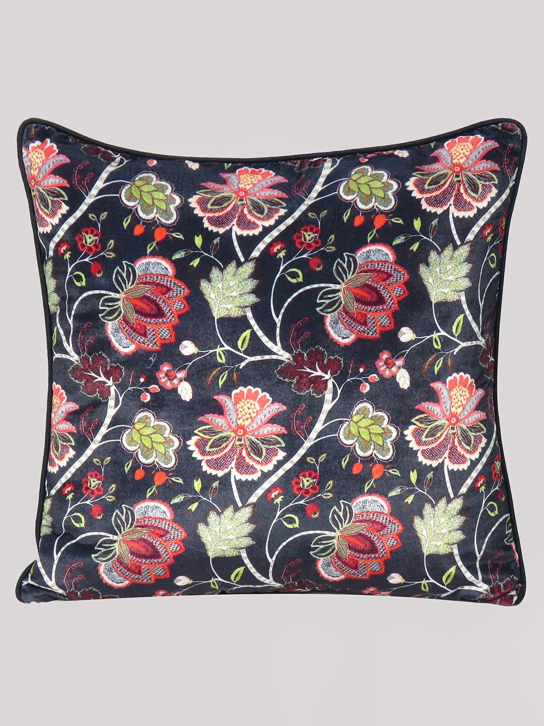 

OUSSUM Black & Red Floral Printed Velvet Square Cushion Cover