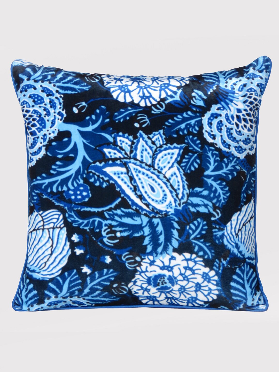 

OUSSUM Blue & White Ethnic Motifs Printed Velvet Square Cushion Cover
