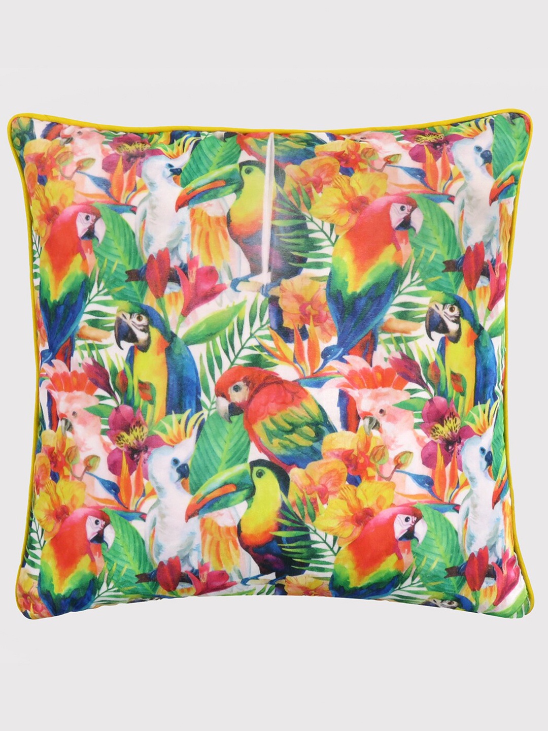 

OUSSUM Green & Red Floral & Parrot Printed Velvet Square Cushion Cover