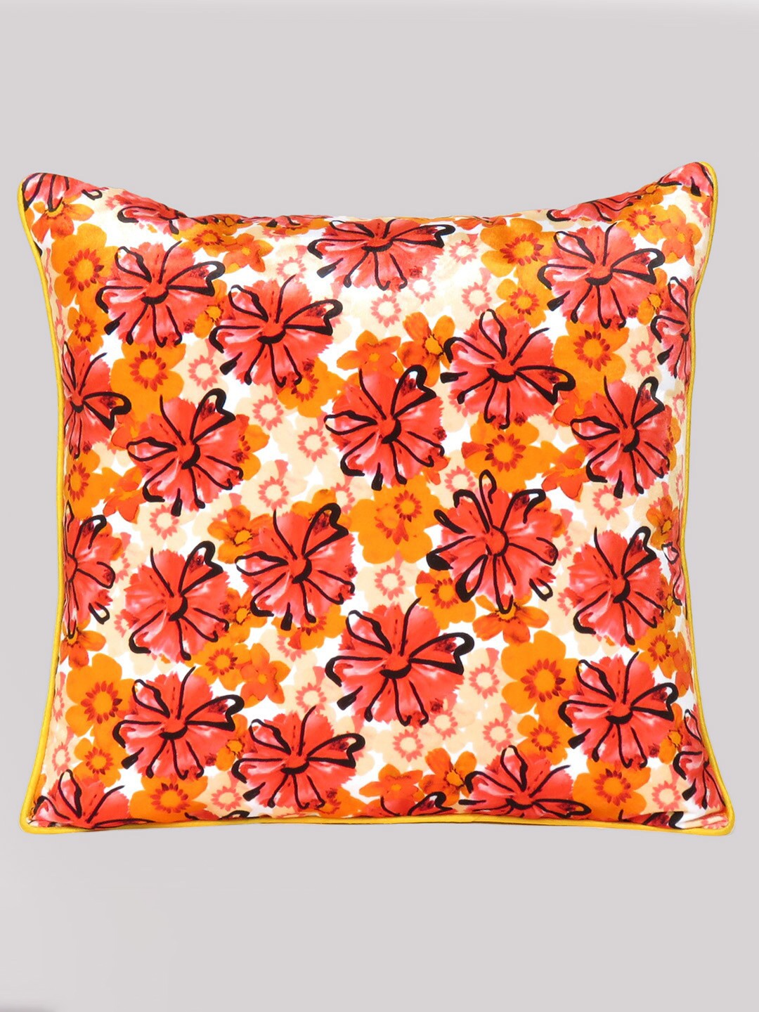 

OUSSUM Yellow & Orange Floral Printed Velvet Square Cushion Cover