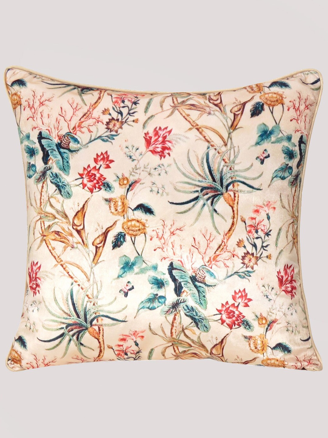 

OUSSUM Beige & Green Floral Printed Velvet Square Cushion Cover