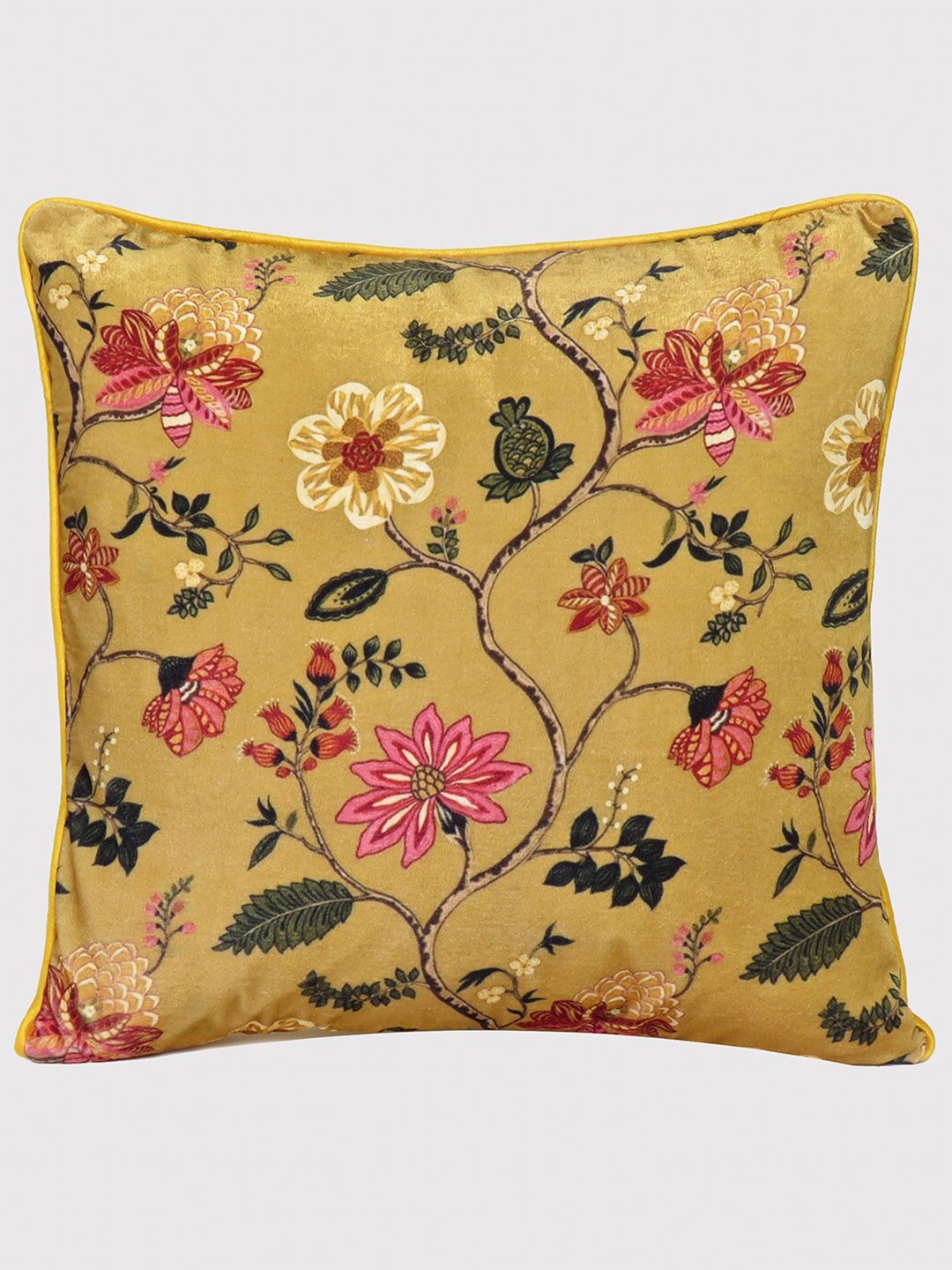 

OUSSUM Yellow & Green Floral Printed Velvet Square Cushion Cover