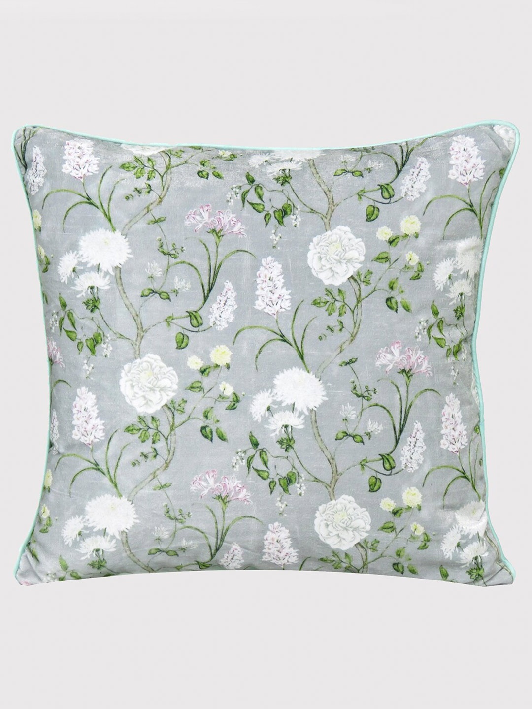 

OUSSUM Grey & Green Floral Velvet Square Cushion Cover