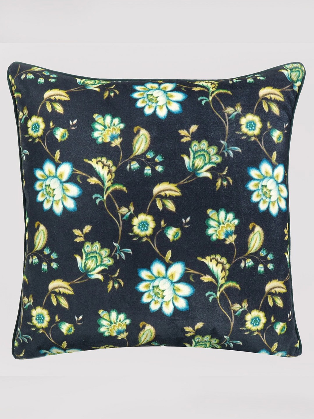 

OUSSUM Black & Green Floral Velvet Square Cushion Cover
