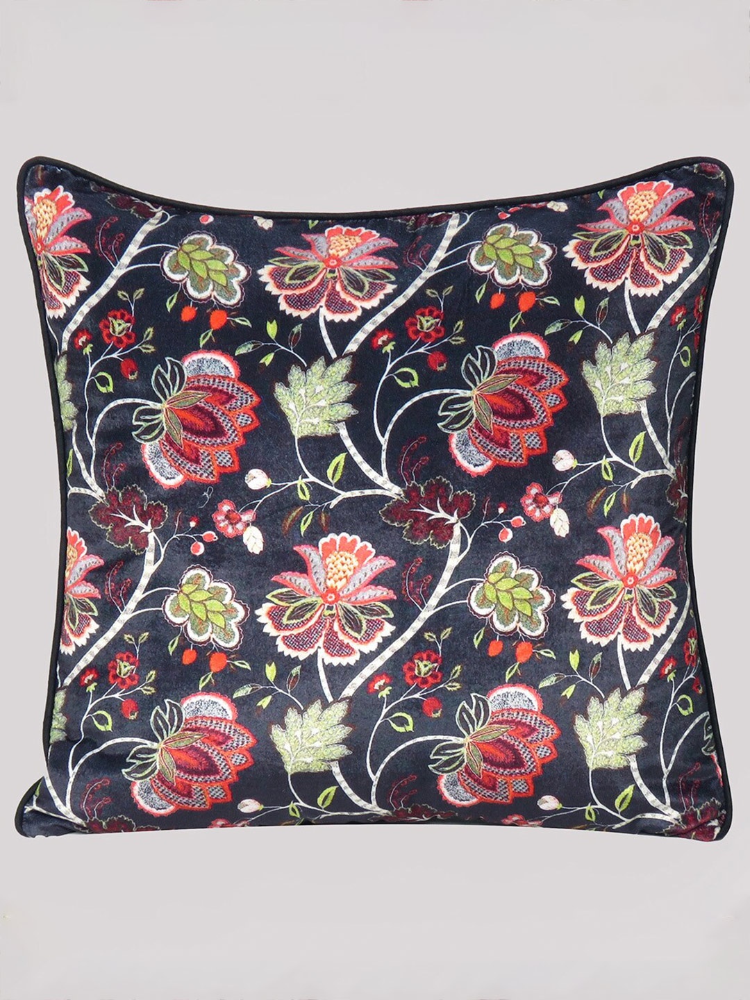

OUSSUM Black & Red Floral Velvet Square Cushion Cover