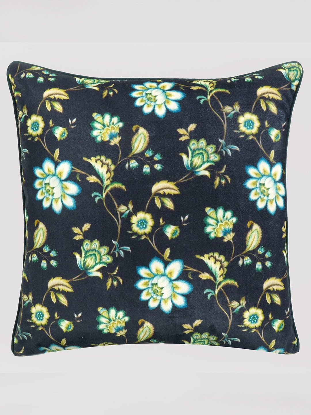 

OUSSUM Black & Green Floral Velvet Square Cushion Cover