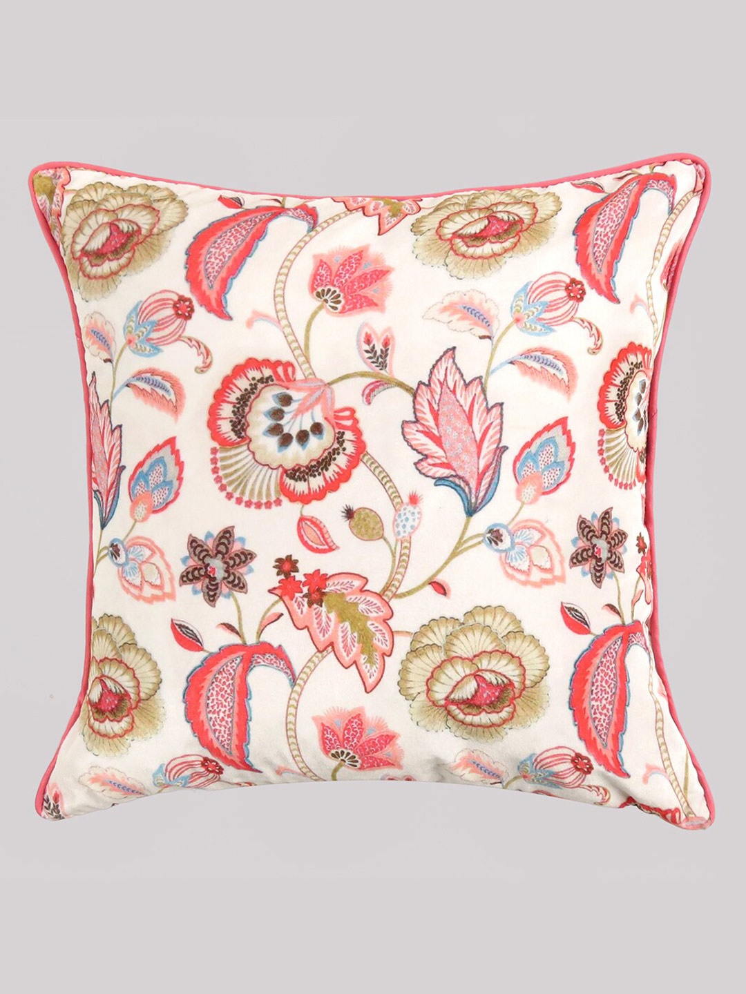 

OUSSUM White & Pink Floral Velvet Printed Velvet Square Cushion Cover