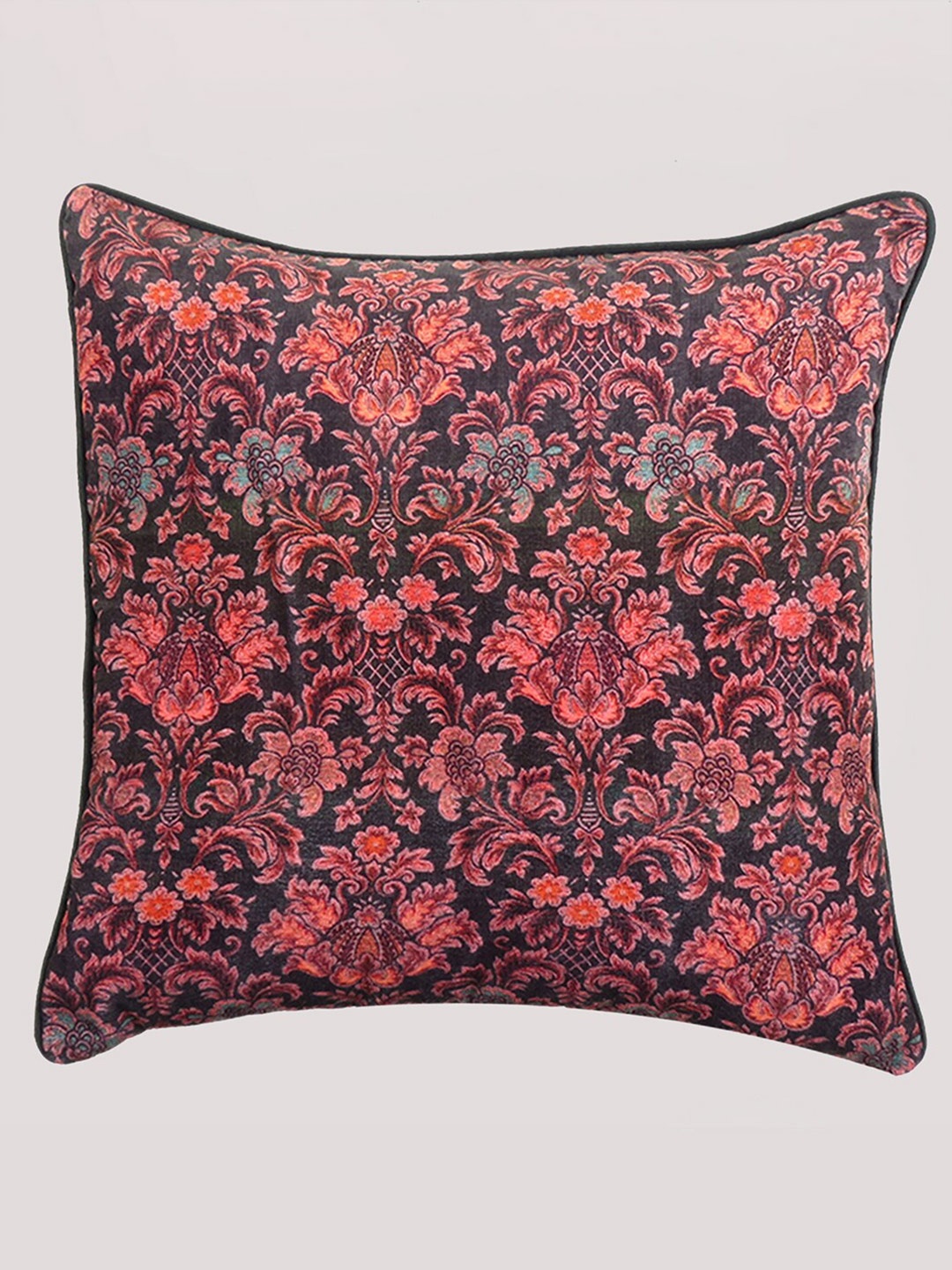 

OUSSUM Black & Red Floral Printed Velvet Square Cushion Cover