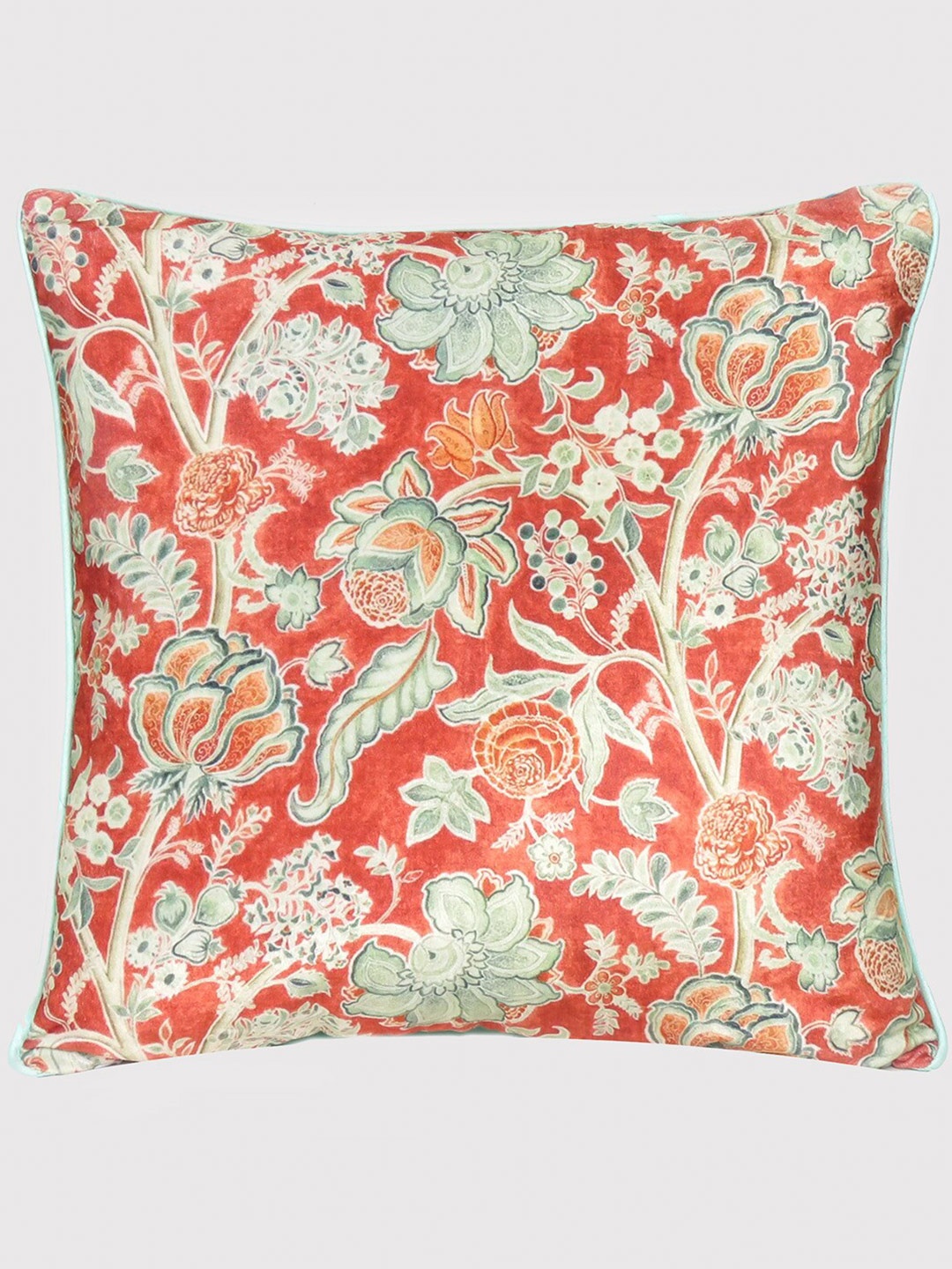 

OUSSUM Red & Blue Floral Printed Velvet Square Cushion Cover