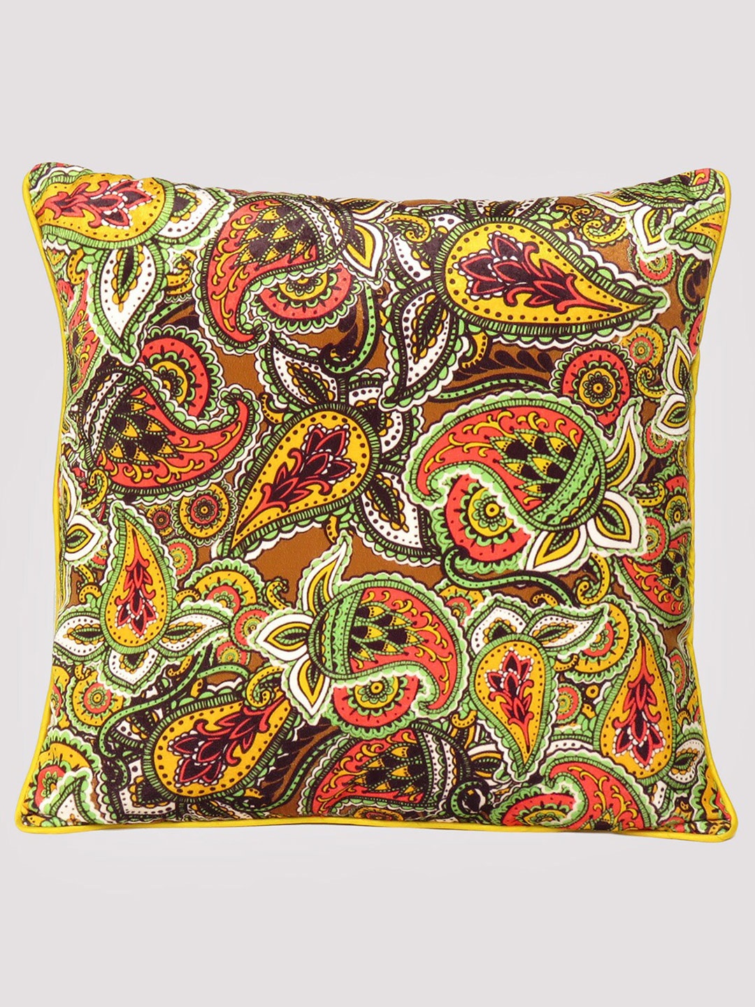 

OUSSUM Yellow & Orange Ethnic Motifs Printed Velvet Square Cushion Cover