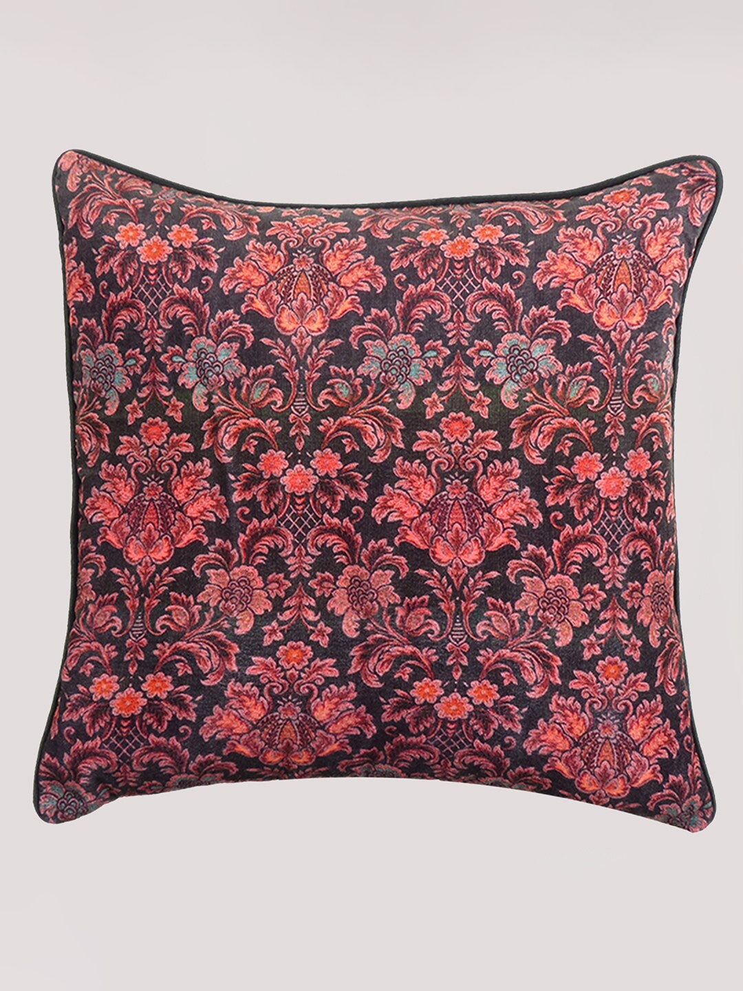 

OUSSUM Black & Red Floral Printed Velvet Square Cushion Cover