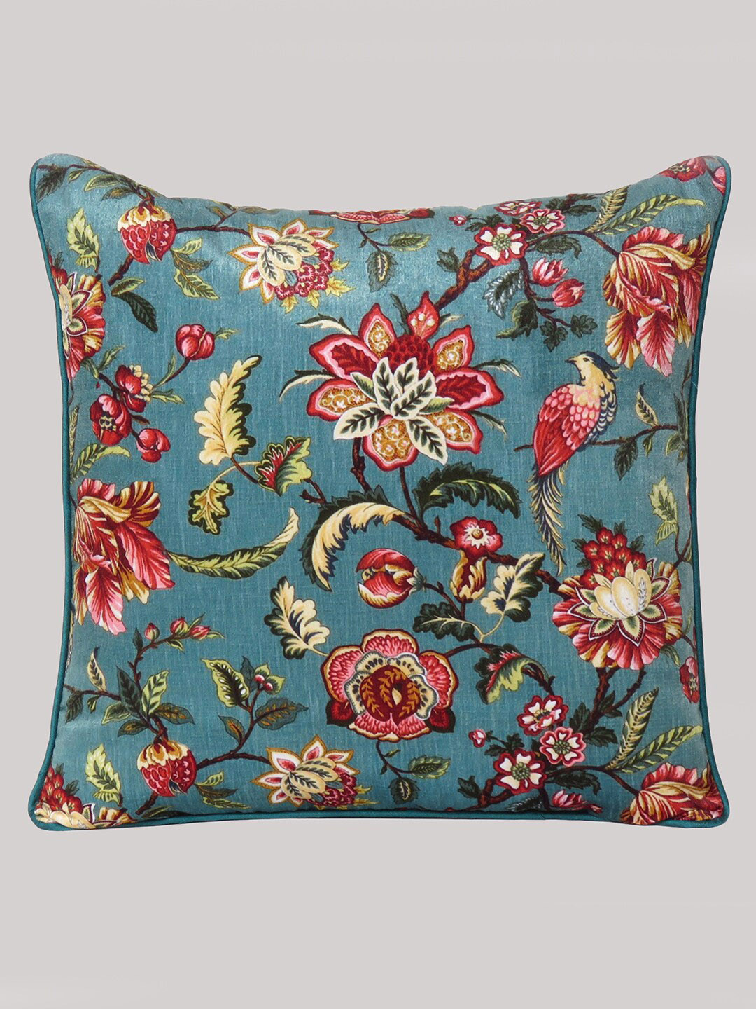 

OUSSUM Grey & Red Floral Printed Velvet Square Cushion Cover