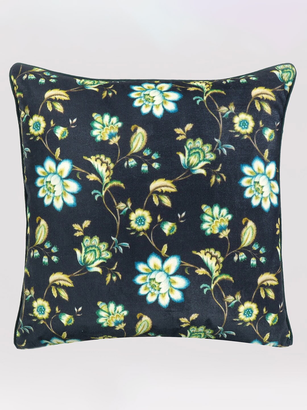 

OUSSUM Black & Green Floral Printed Velvet Square Cushion Cover