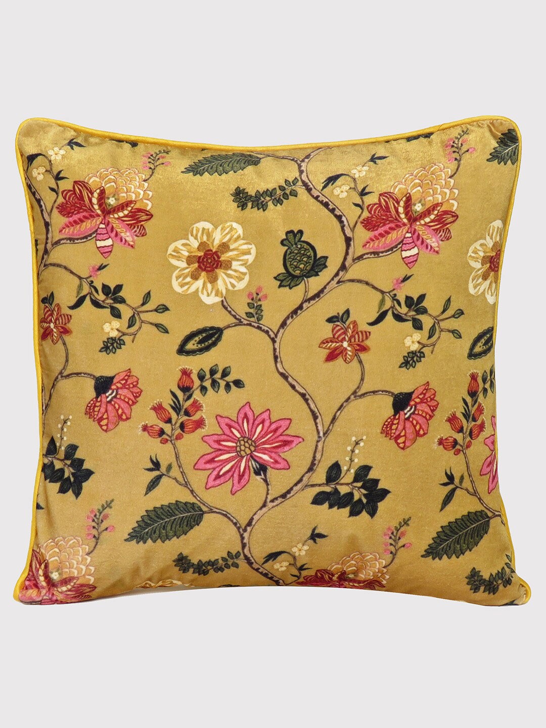 

OUSSUM Yellow & Olive Green Floral Printed Velvet Square Cushion Cover