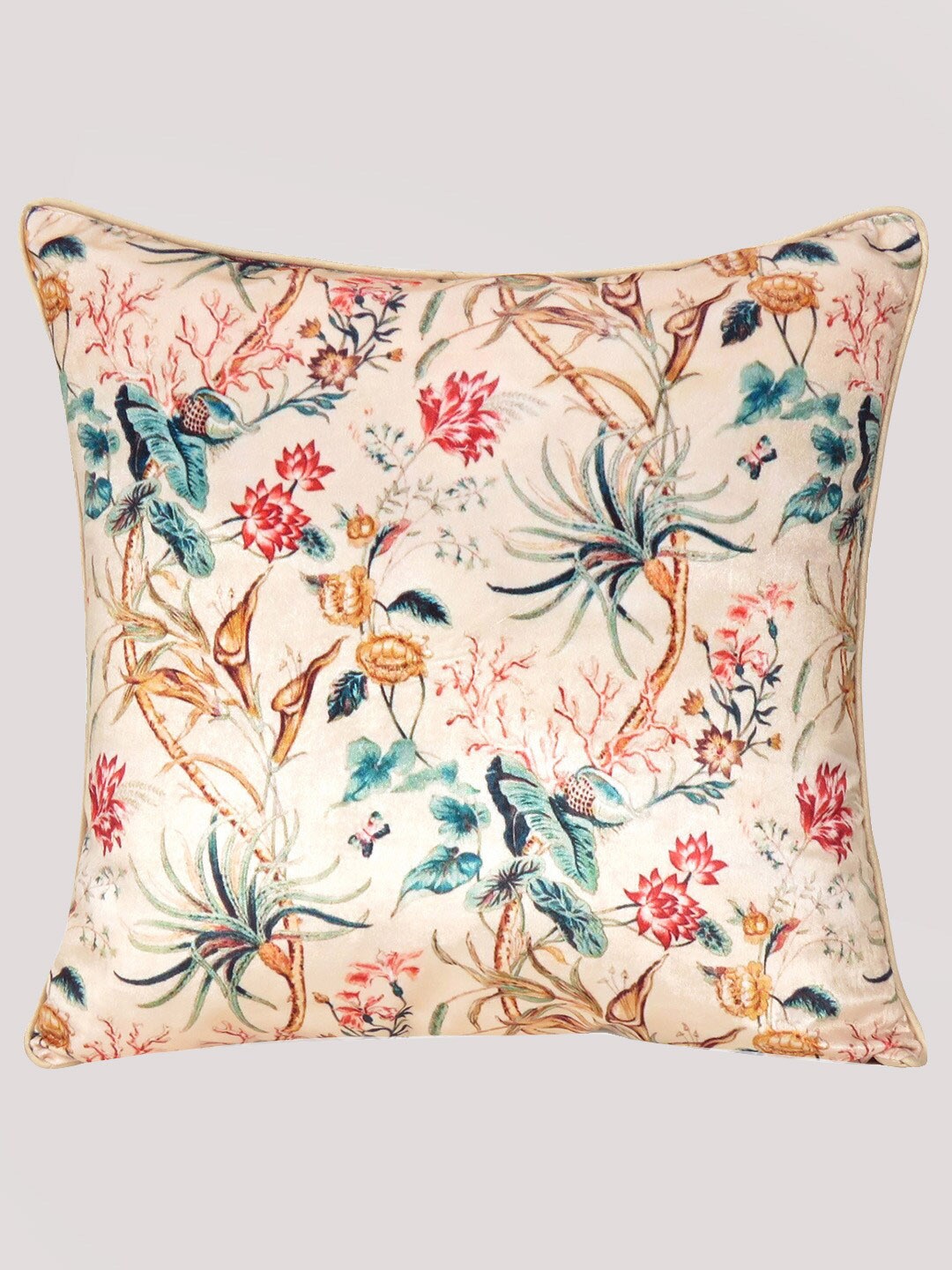 

OUSSUM Beige & Blue Floral Printed Velvet Square Cushion Cover