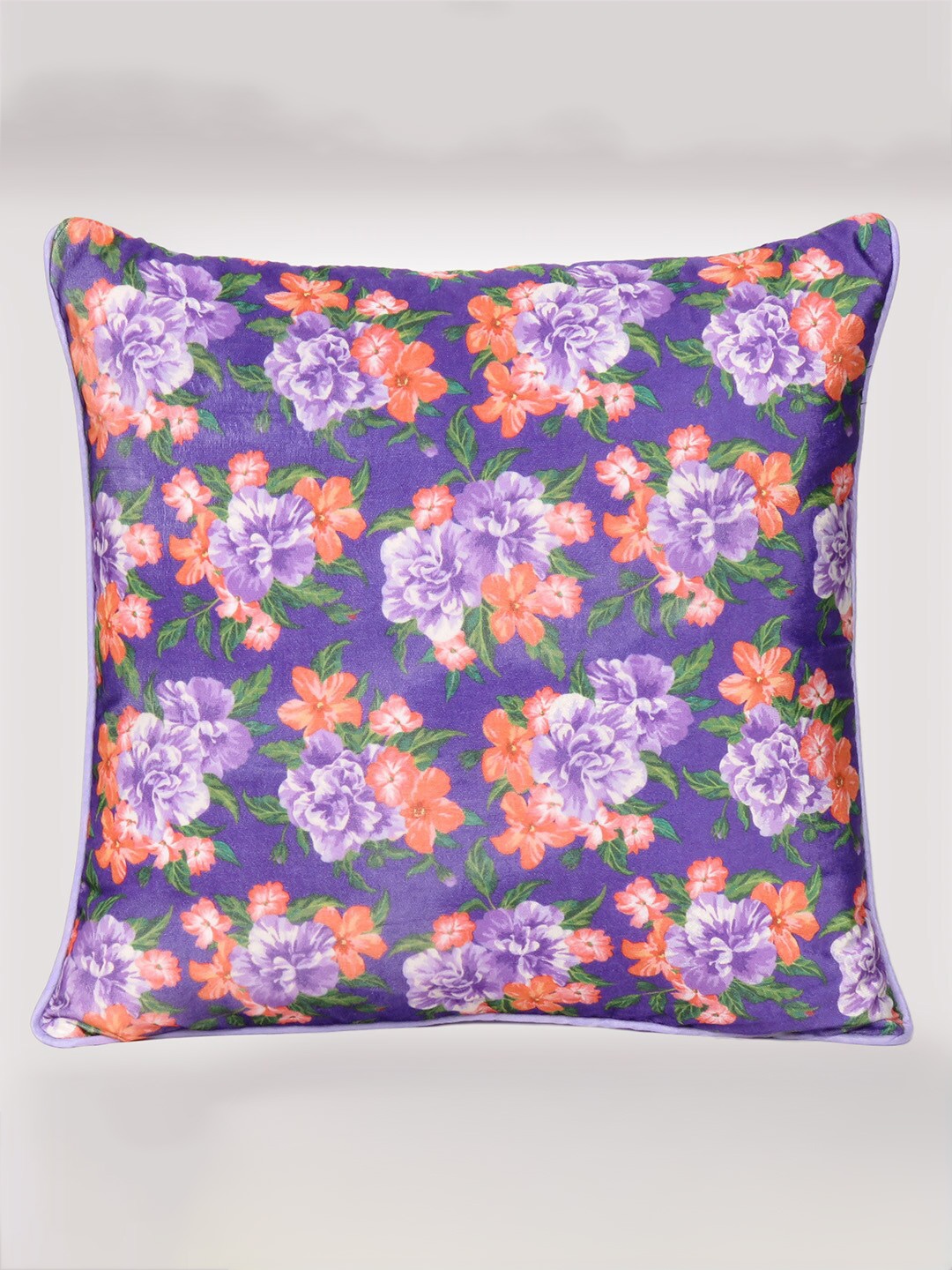 

OUSSUM Purple & Green Floral Printed Velvet Square Cushion Cover