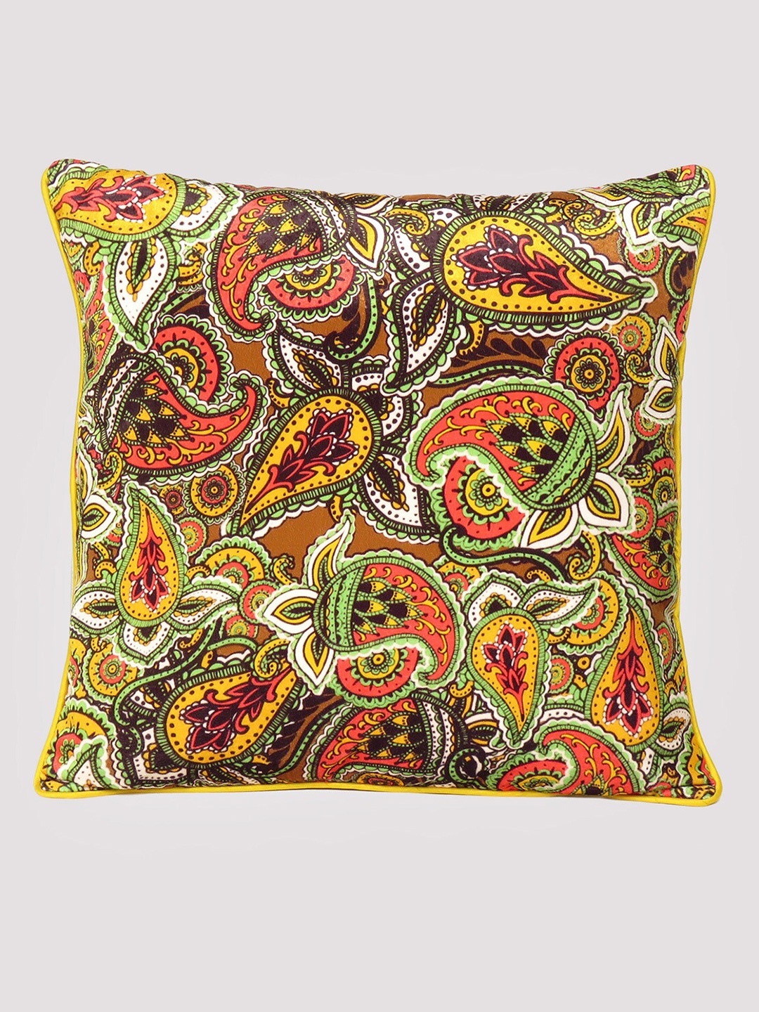 

OUSSUM Yellow & Green Ethnic Motifs Velvet Square Cushion Cover