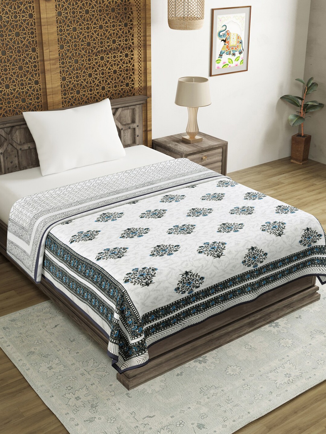 

Sangria Block Printed Pure Cotton 300 TC Single Bed Dohar, Grey