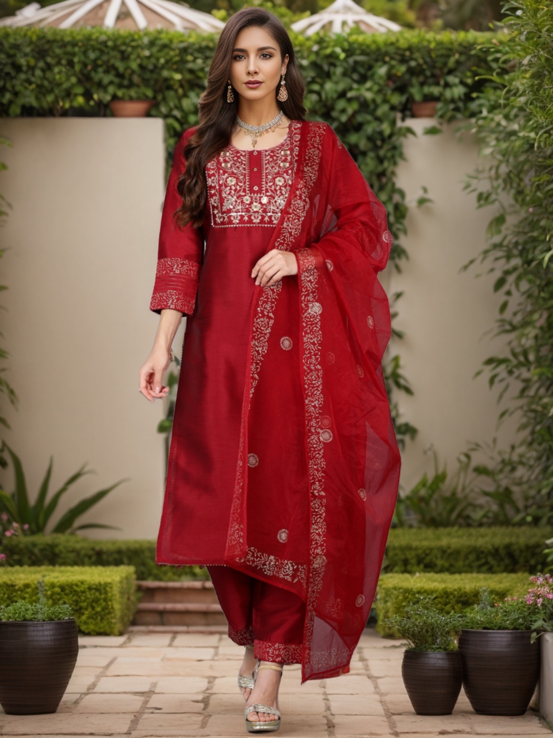 

AHIKA Yoke Design Embroidered Regular Kurta with Trousers & With Dupatta, Maroon