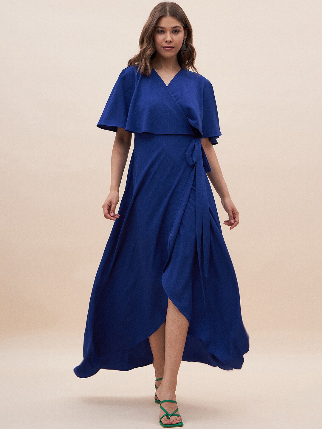 

Femella V-Neck Flared Sleeves Warp Midi Dress, Blue