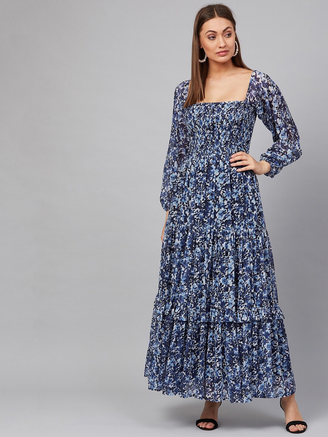 

Femella Floral Printed Puff Sleeves Smocked Detailed Maxi Dress, Blue