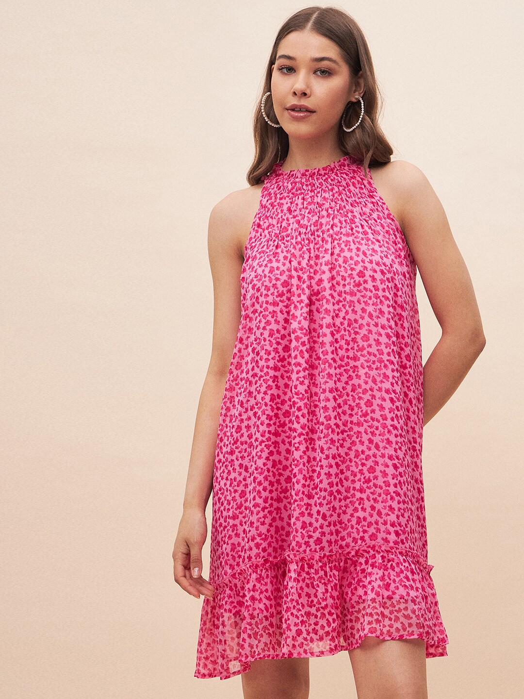 

Femella Floral Printed Halter Neck A-Line Dress, Pink