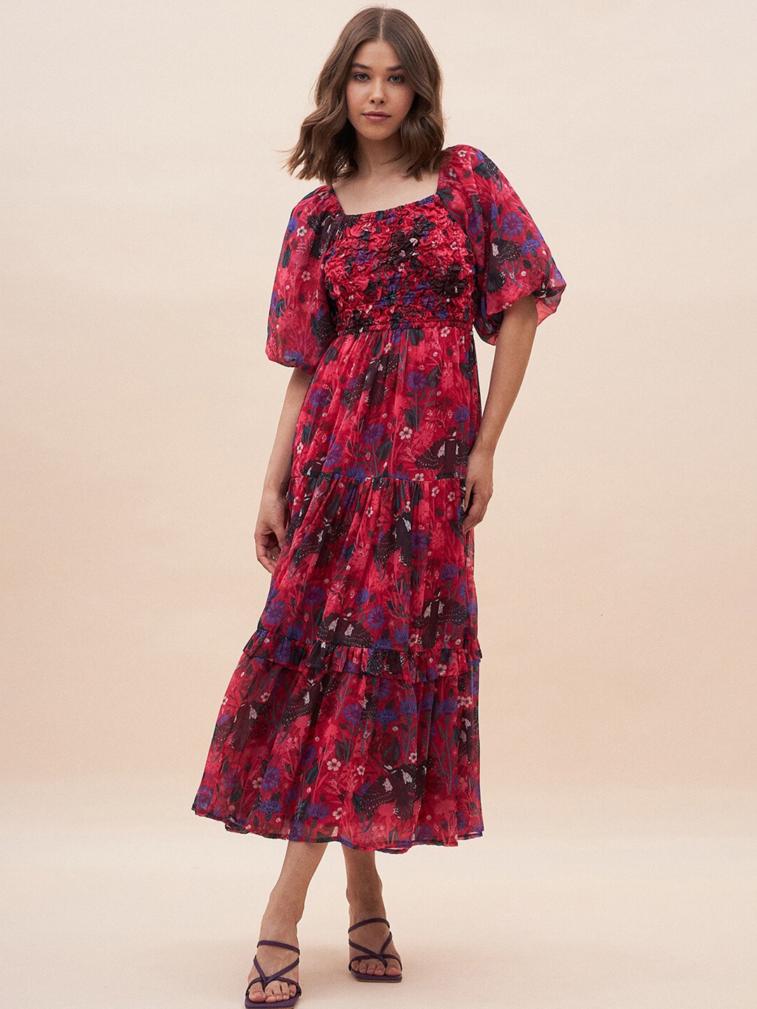 

Femella Floral Printed Puff Sleeves Smocked Fit & Flare Midi Dress, Red