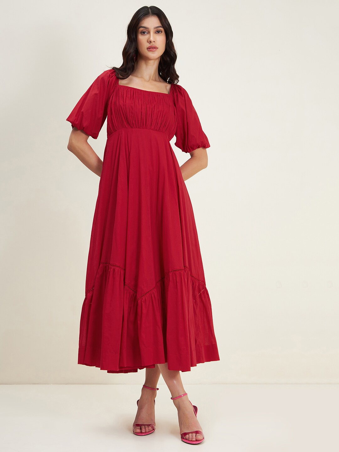 

Femella Puff Sleeve Gathered Cotton Empire Midi Dress, Red