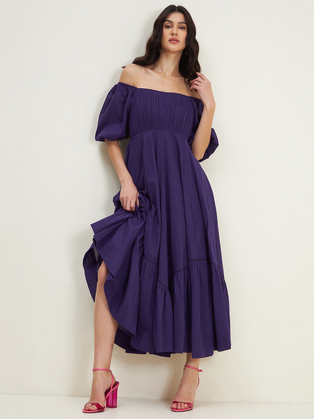 

Femella Puff Sleeve Gathered Cotton Empire Midi Dress, Purple