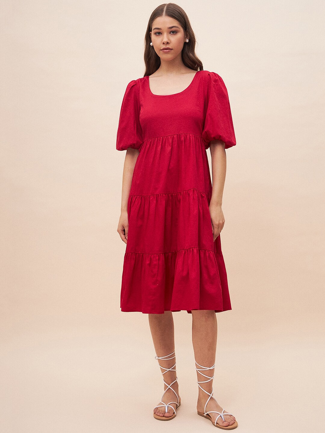 

Femella Puff Sleeves Gathered Cotton Fit & Flare Dress, Red