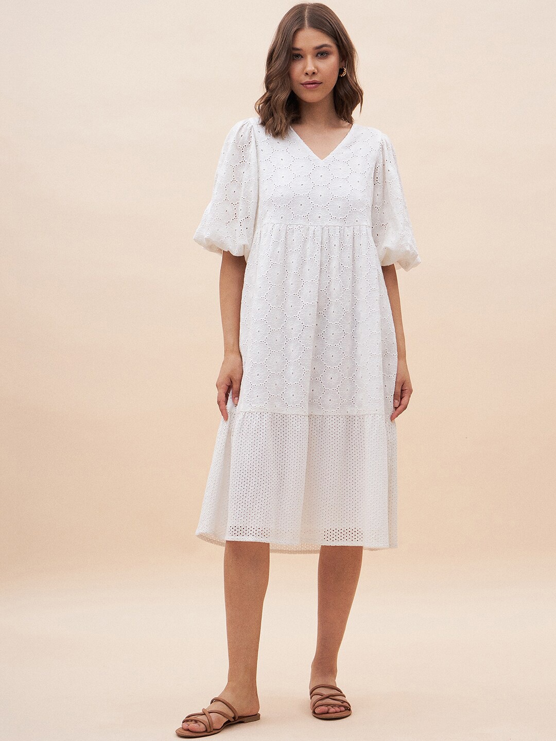 

Femella Self Design Schiffli Puff Sleeves Gathered Cotton A-Line Dress, White