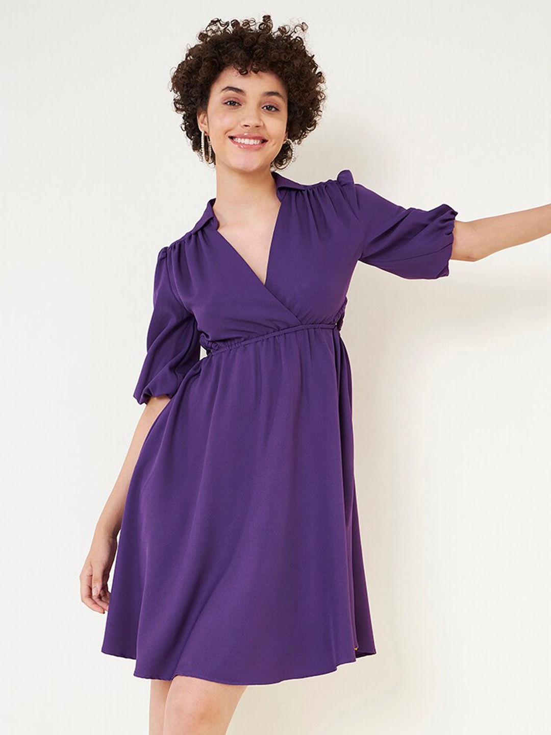 

Femella Shirt Collar Puff Sleeves Smocked A-Line Midi Dress, Purple