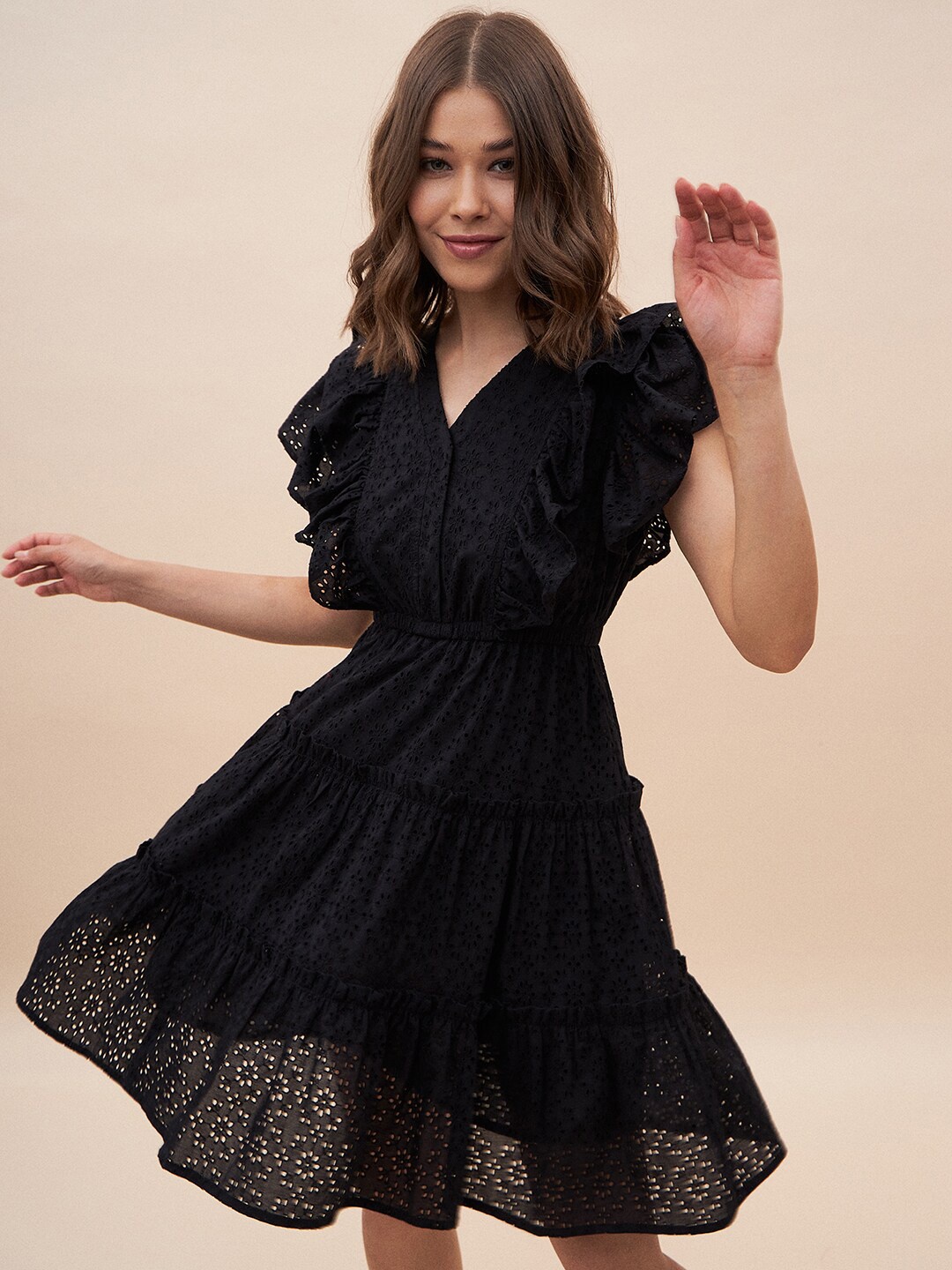 

Femella Self Design Schiffli Flutter Sleeves Smocked Cotton Fit & Flare Dress, Black