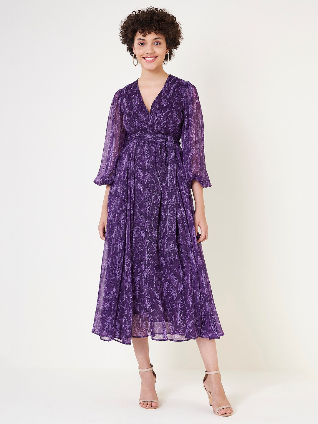 

Femella Conversational Printed Puff Sleeves Gathered A-Line Dress, Purple