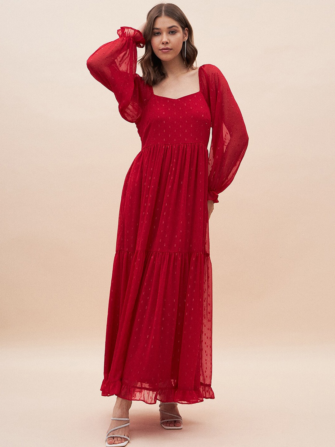 

Femella Self Design Raglan Sleeves Gathered Maxi Dress, Red