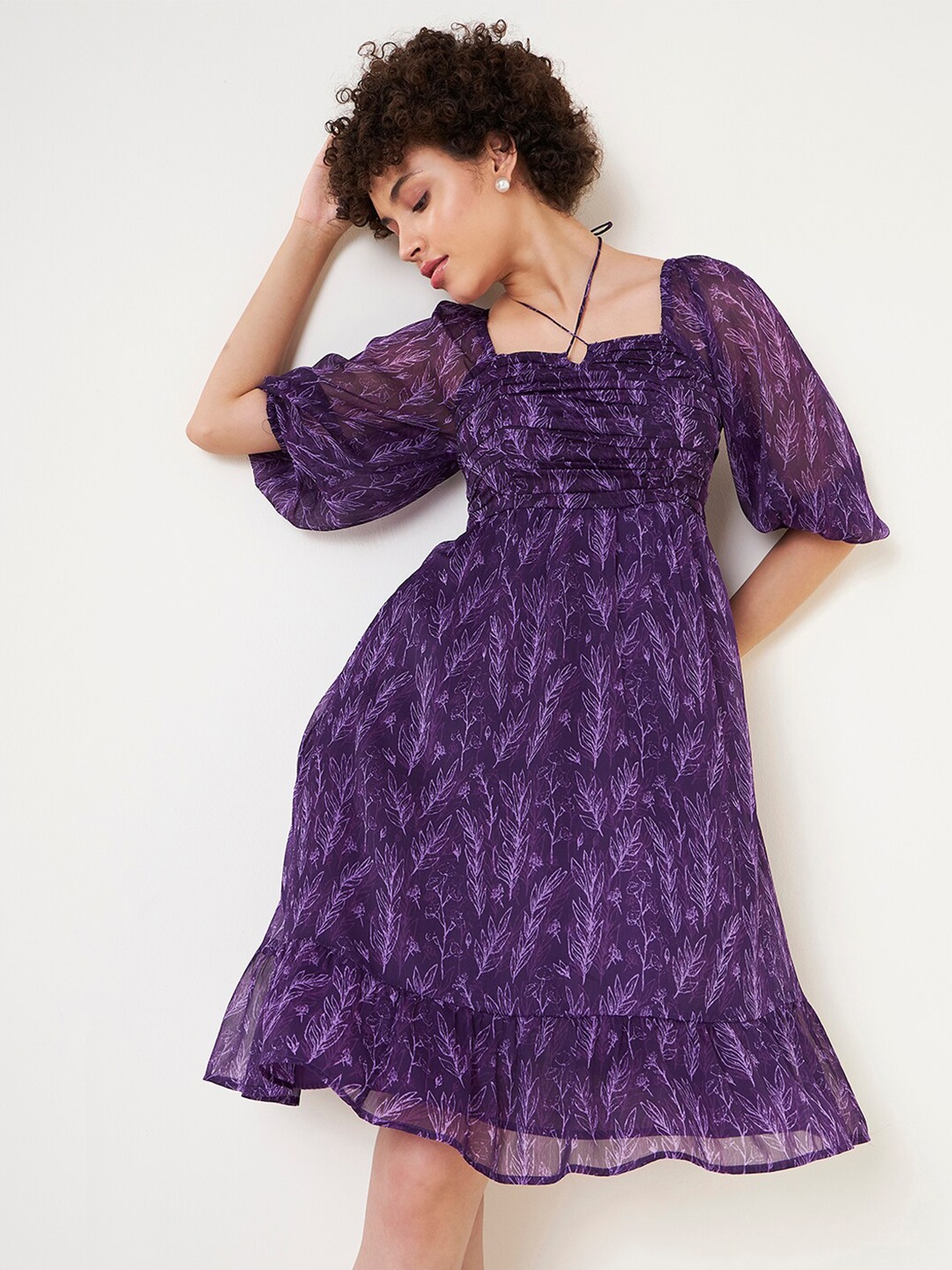 

Femella Conversational Printed Puff Sleeves Pleated Fit & Flare Dress, Purple