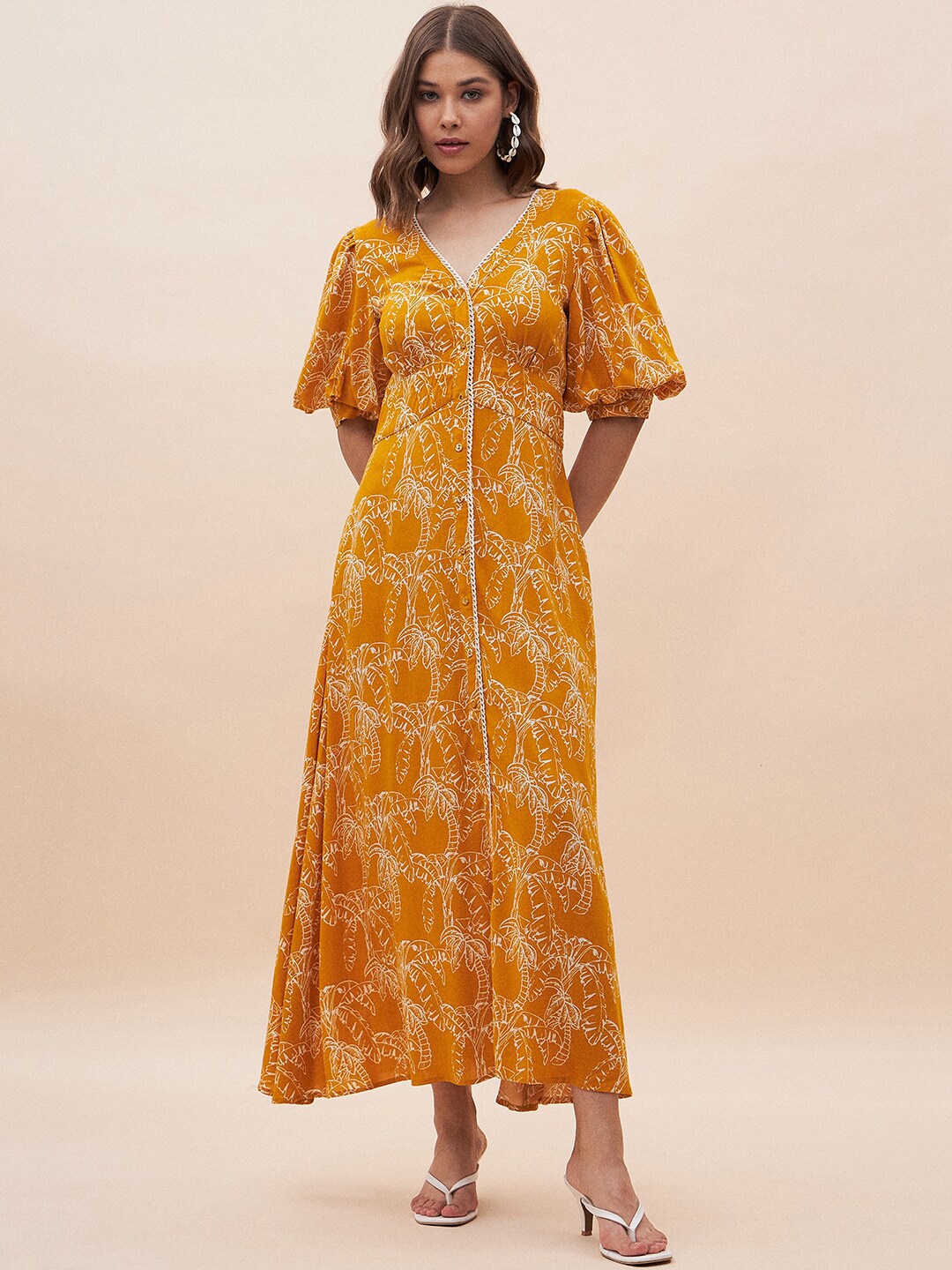 

Femella Conversational Printed V-Neck Puff Sleeves A-Line Midi Dress, Mustard
