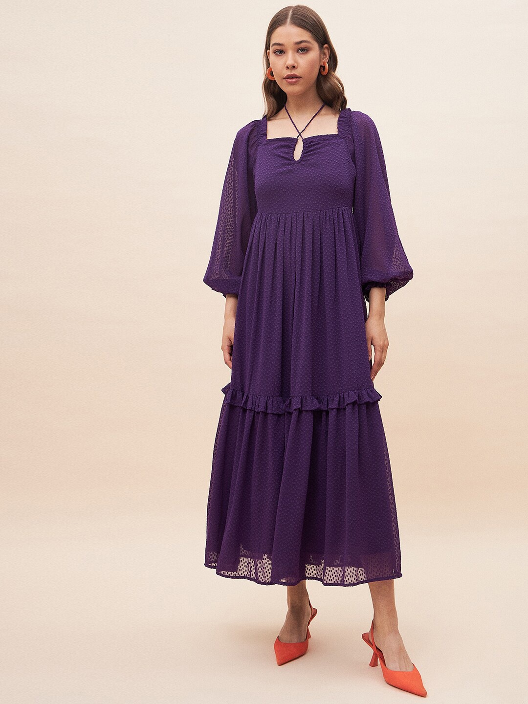 

Femella Self Design Tie-Up Neck Puff Sleeve Gathered Fit & Flare Midi Dress, Purple