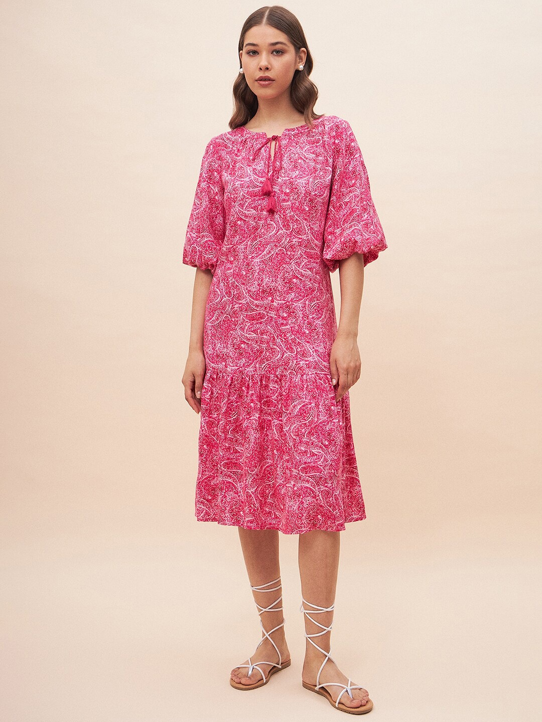 

Femella Paisley Printed Tie-Up Neck Puff Sleeves Gathered A-Line Dress, Pink