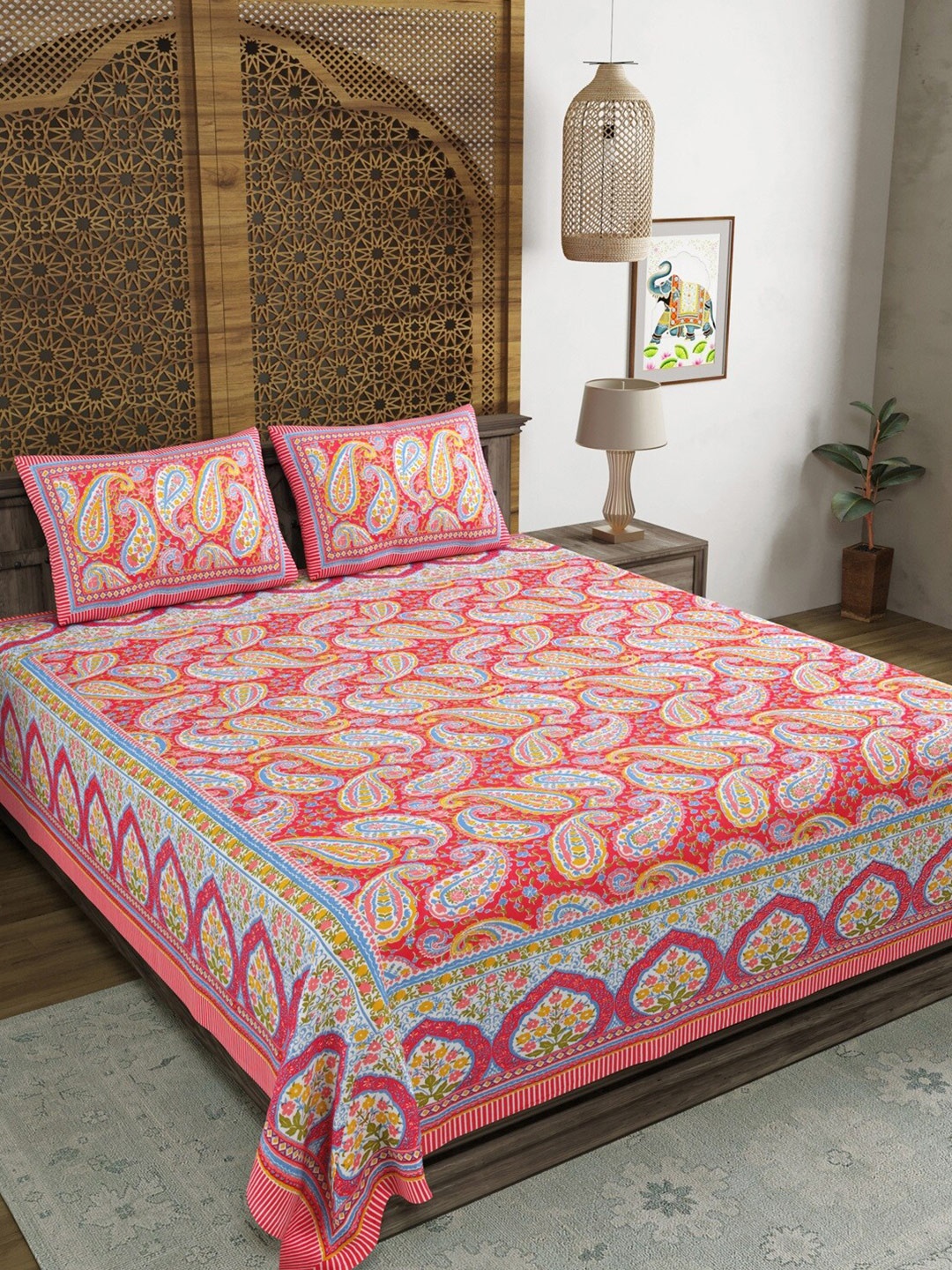 

Sangria Red & Blue Printed Cotton 210 TC King Bedsheet With 2 Pillow Covers