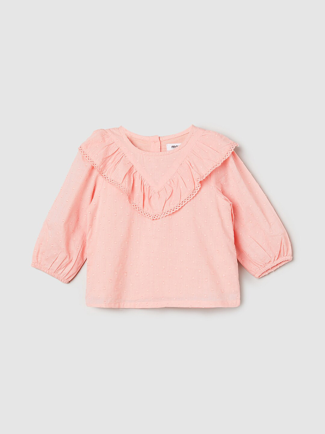 

max Girls Self Design Puff Sleeve Ruffled Pure Cotton Top, Peach