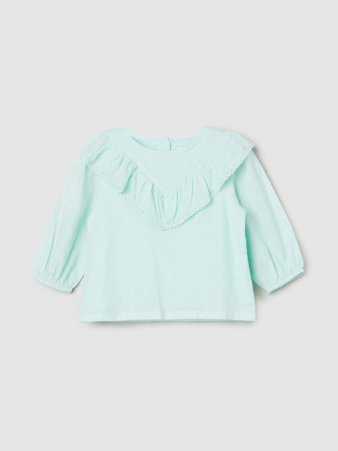 

max Girls Self Design Puff Sleeve Ruffled Pure Cotton Top, Sea green