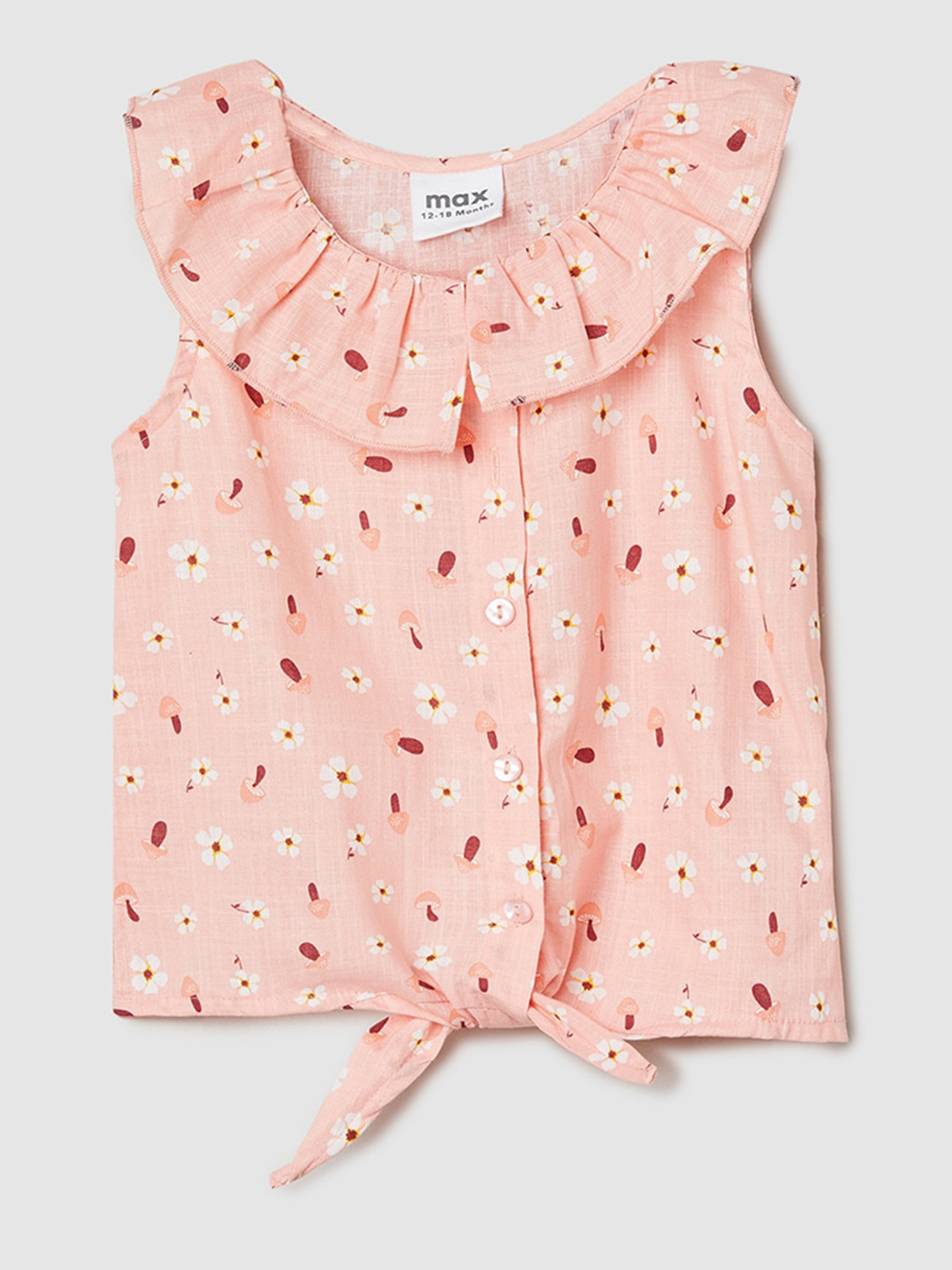 

max Girls Floral Printed Sleeveless Ruffled Pure Cotton Top, Peach