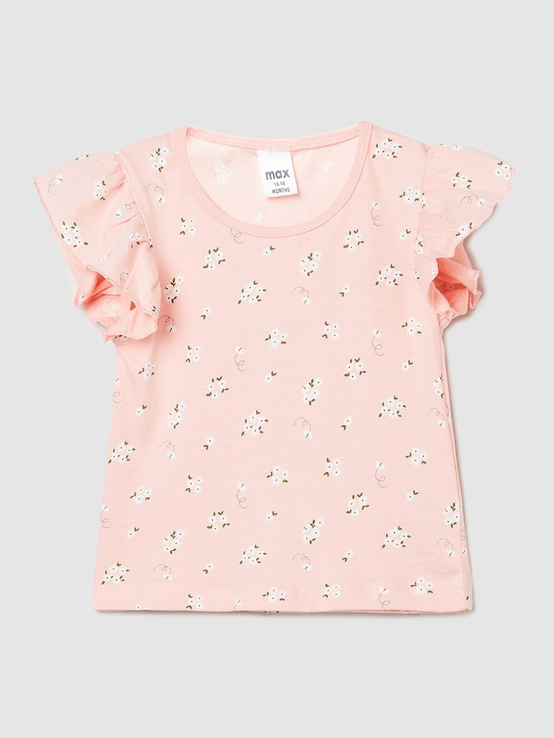 

max Girls Floral Printed Flutter Sleeve Pure Cotton Top, Peach