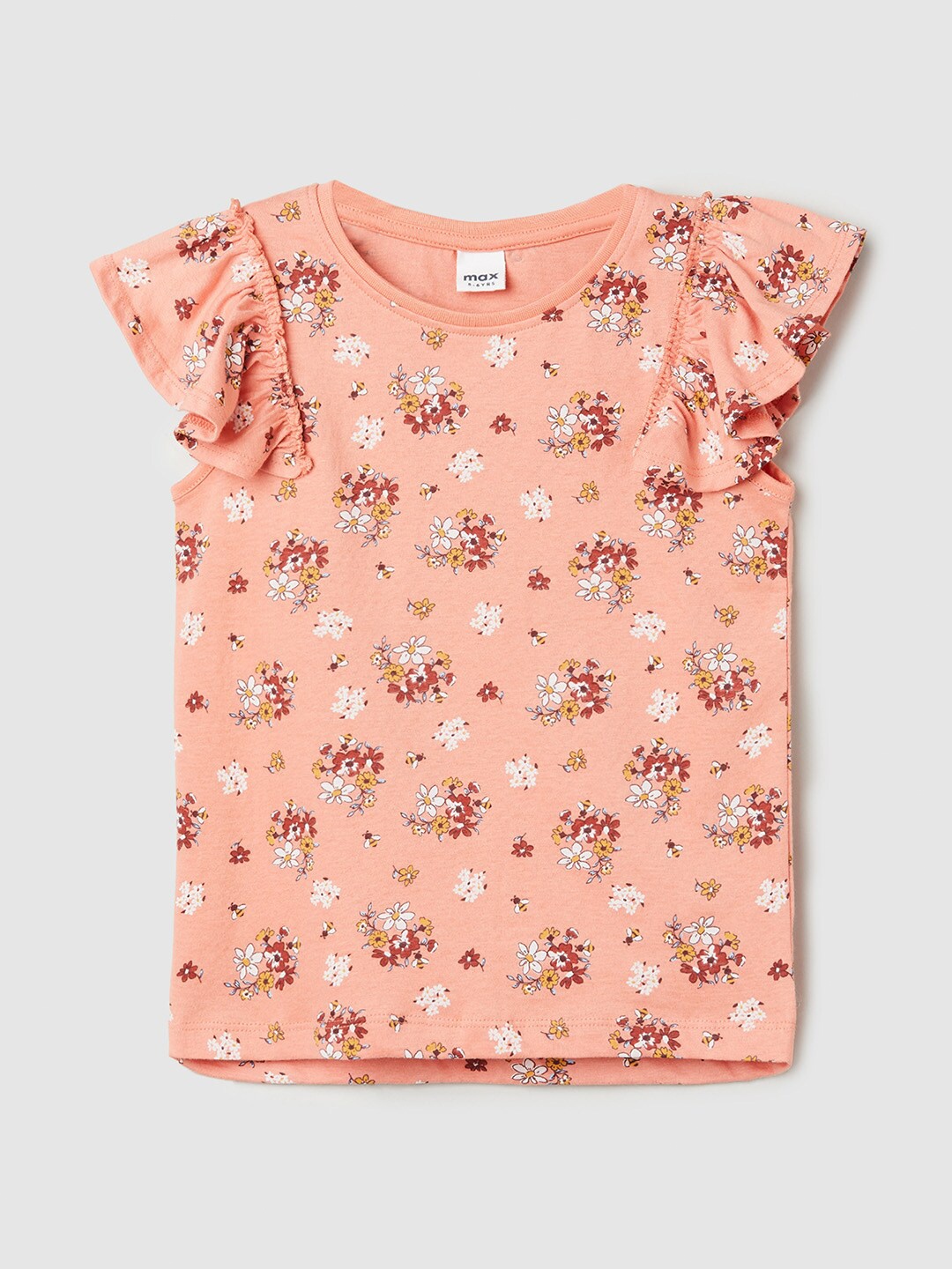 

max Girls Floral Printed Flutter Sleeve Pure Cotton Top, Peach