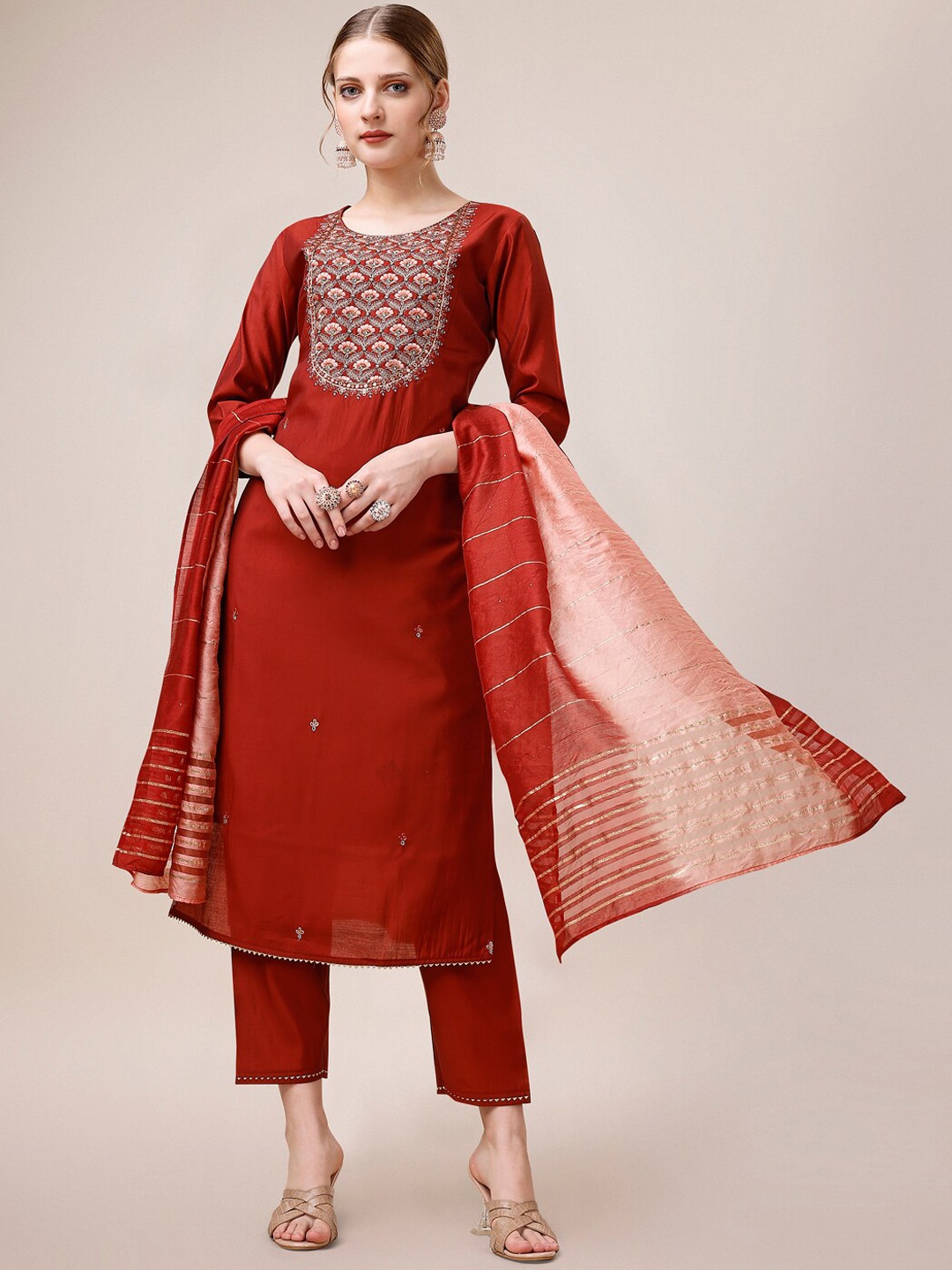

Berrylicious Yoke Design Embroidered Chanderi Cotton Kurta with Trousers & With Dupatta, Rust